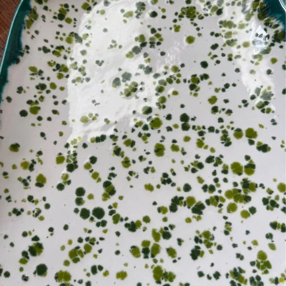 Vintage 1968 Atlantic Mold Christmas Bell Green & White Splatter Tray Platter - Picture 2 of 7
